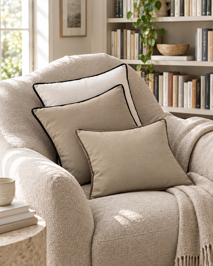 Contrast bound cotton cushions in ivory, taupe and sand on a linen armchair in a book-lined reading nook