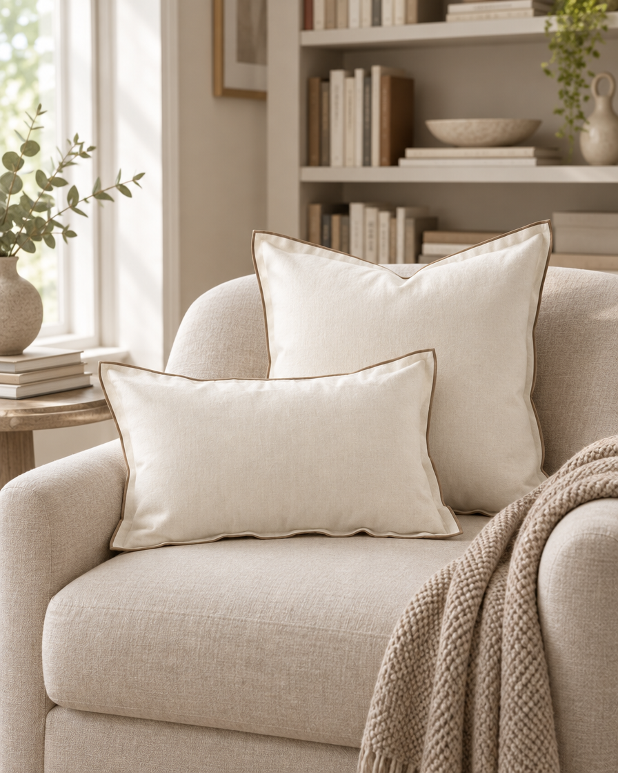 Ivory cushions with taupe contrast edge in a sunny reading nook beside bookshelves