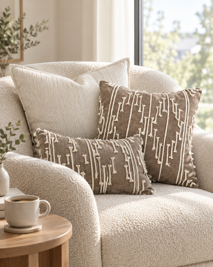 Cocoa cord-embroidered cushions on a boucle armchair by a window with a coffee cup