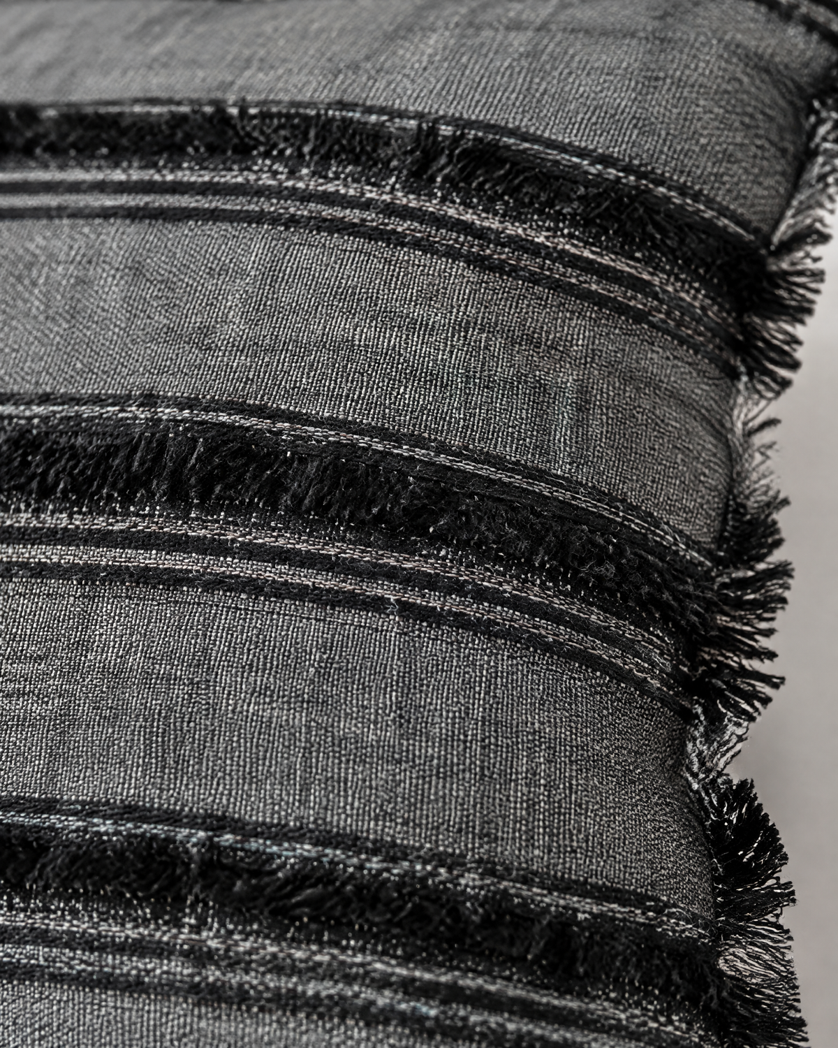 Close-up of grey and black stripe weave with fringed bands