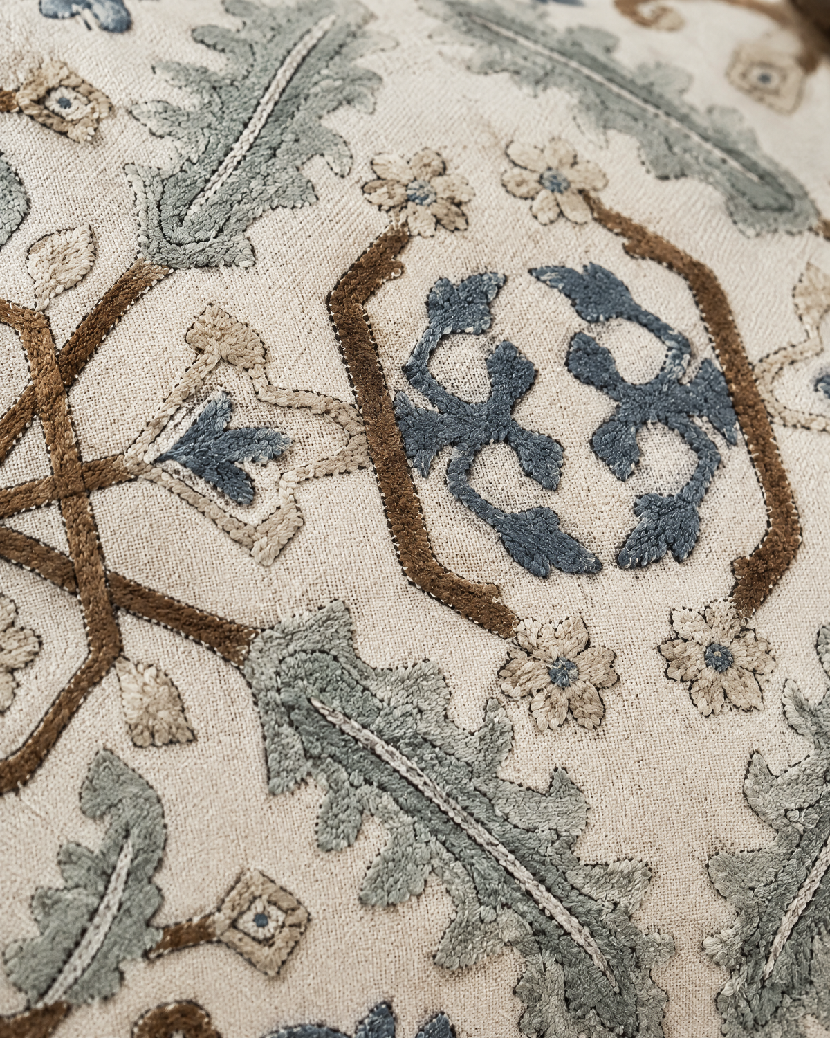 Macro close-up of the slate blue, sage and brown medallion motifs on ivory jacquard