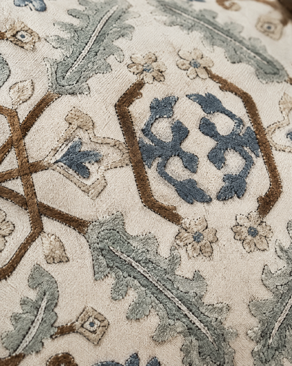 Macro close-up of the slate blue, sage and brown medallion motifs on ivory jacquard