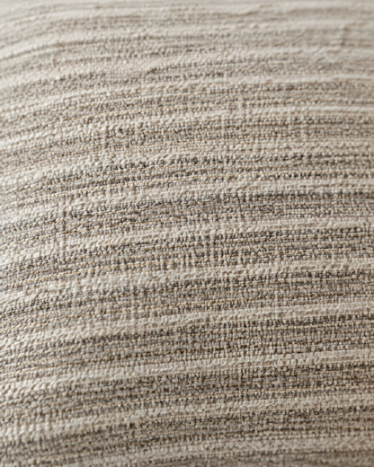 Macro close-up of fine raised ivory stripes in slubbed oat hemp-cotton weave