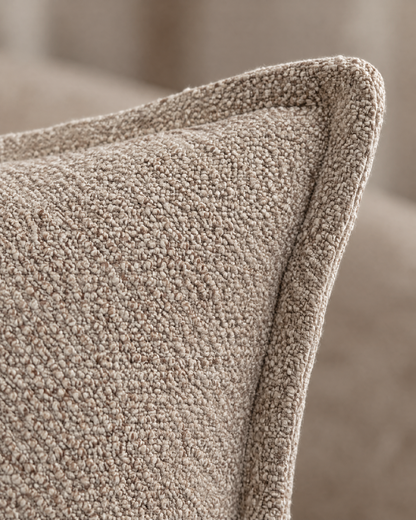 Macro close-up of the taupe heathered jacquard, a nubby mix of taupe, cream and brown yarns with the flange