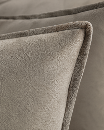 Macro close-up of the two-tone flannel, a soft brushed taupe nap and the flange edge