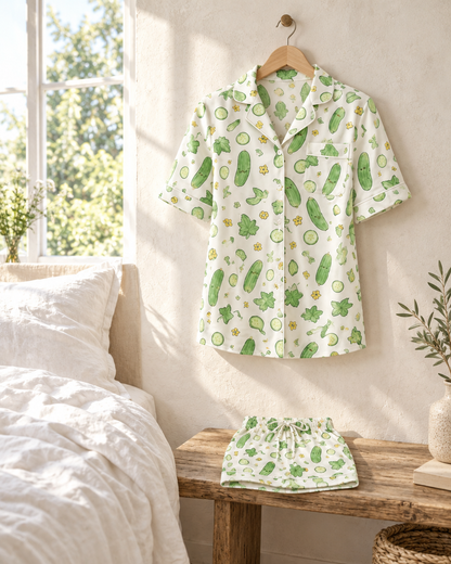 Cutecumber Modal Cloud pyjama shirt on a wooden hanger in a sunlit bedroom, shorts folded on a bench.
