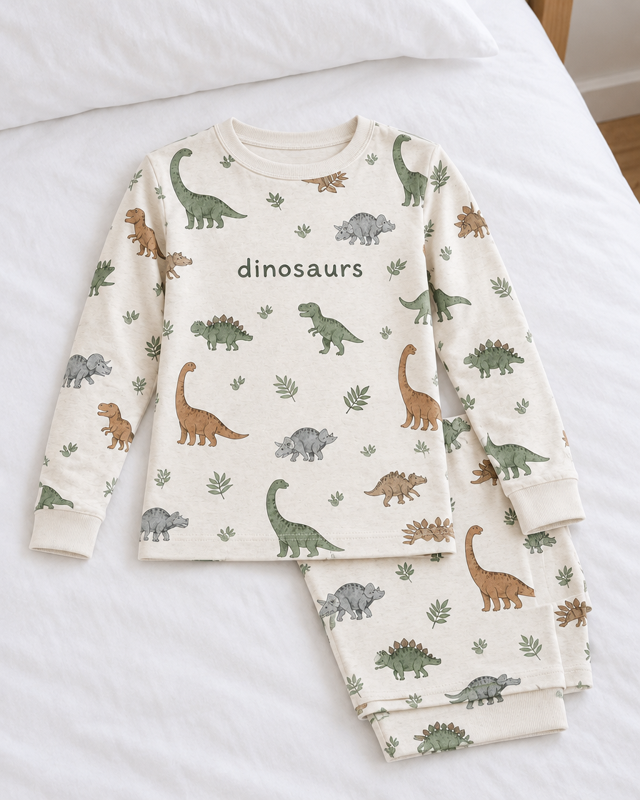 Kids dinosaurs pyjama set laid flat on a white made bed
