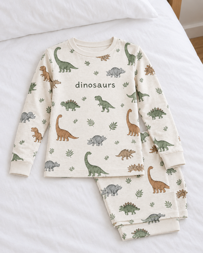 Kids dinosaurs pyjama set laid flat on a white made bed