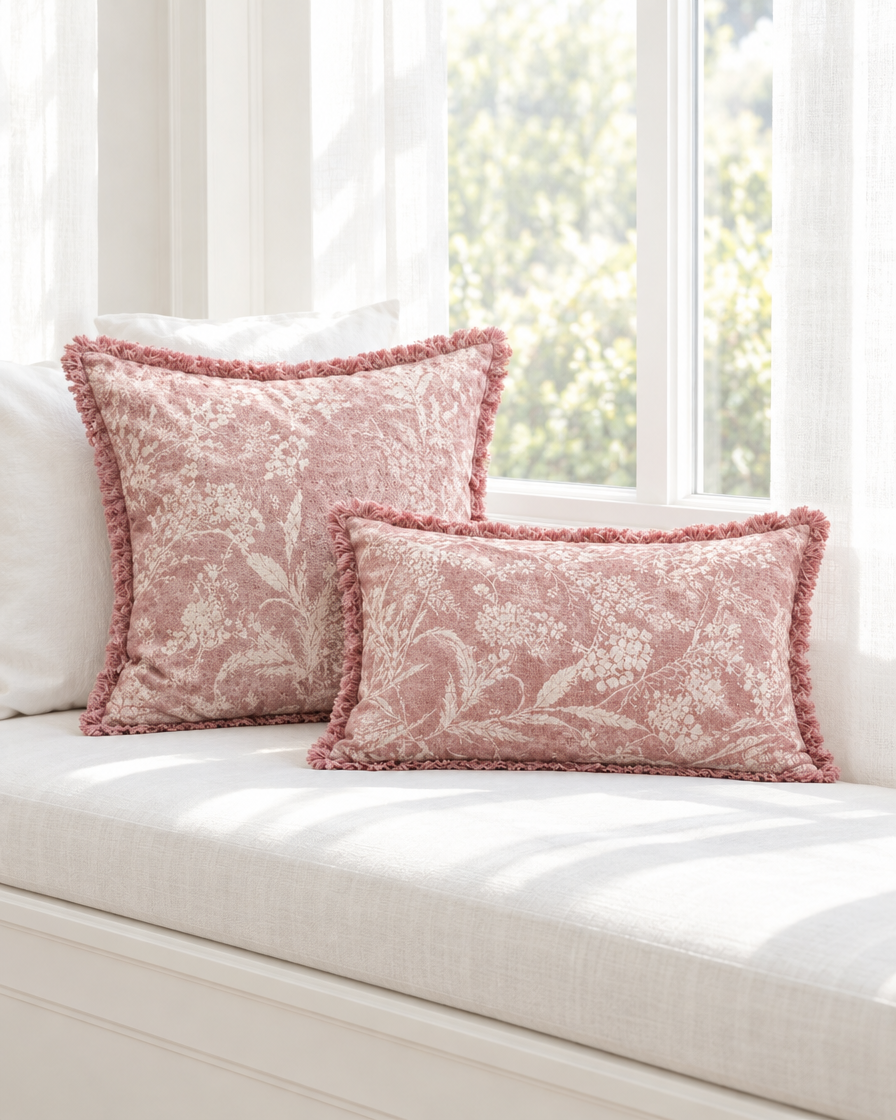 Dusty rose floral print cushions with fringed edges, square and lumbar, on a sunlit white window seat