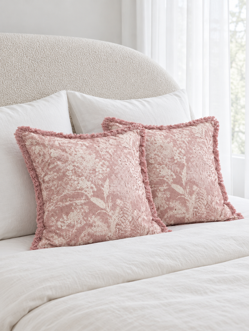 Dusty rose floral cushions with fringed edges on ivory bedding in front of a boucle headboard