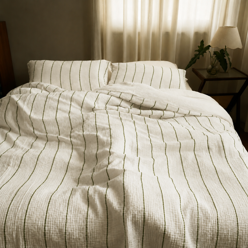 Green Pinstripe cloud cotton duvet cover and pillowcases, ivory with moss-green stripes, on a bed