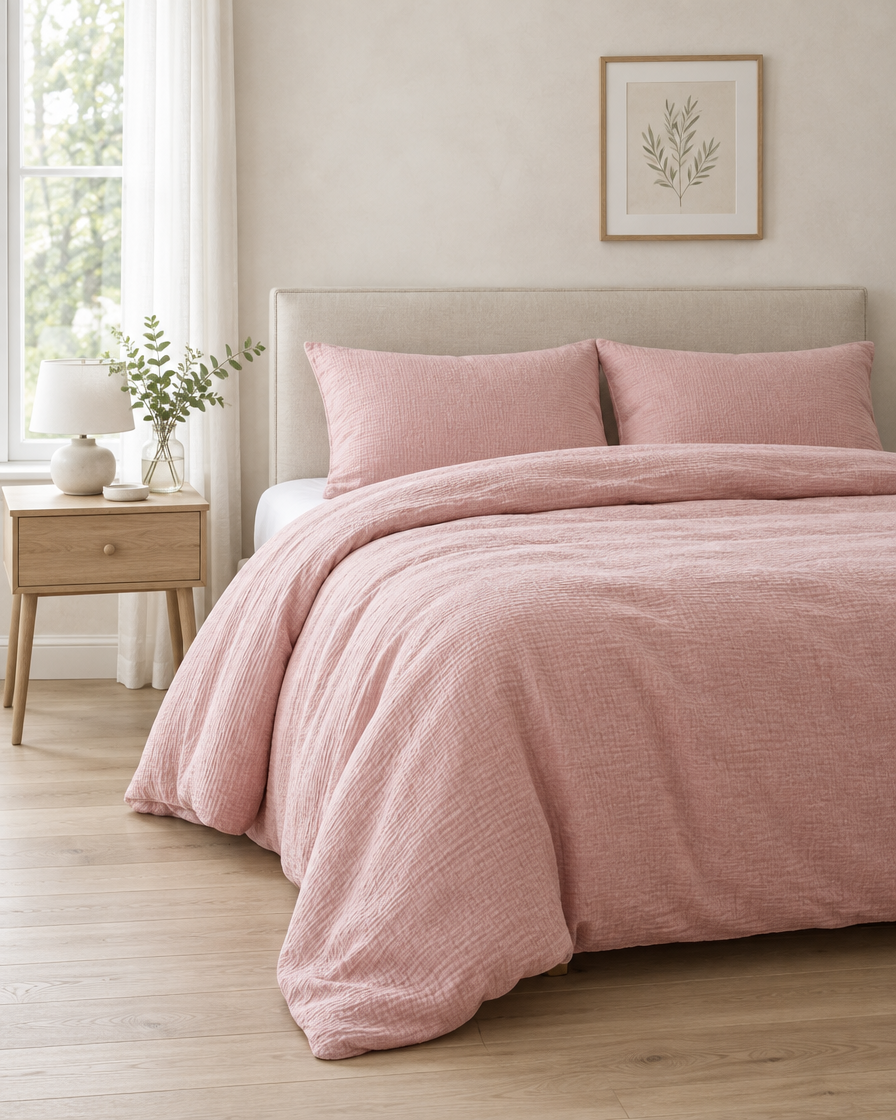 Dusty pink cloud cotton duvet cover draped over a double bed in a calm oak-floored bedroom