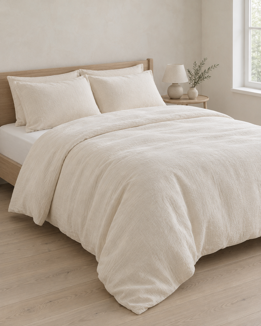 Off-white cloud cotton duvet cover spread across a made bed with matching pillowcases