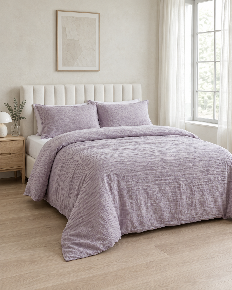 Lilac cloud cotton duvet cover on a bed with a white panelled headboard and arched window