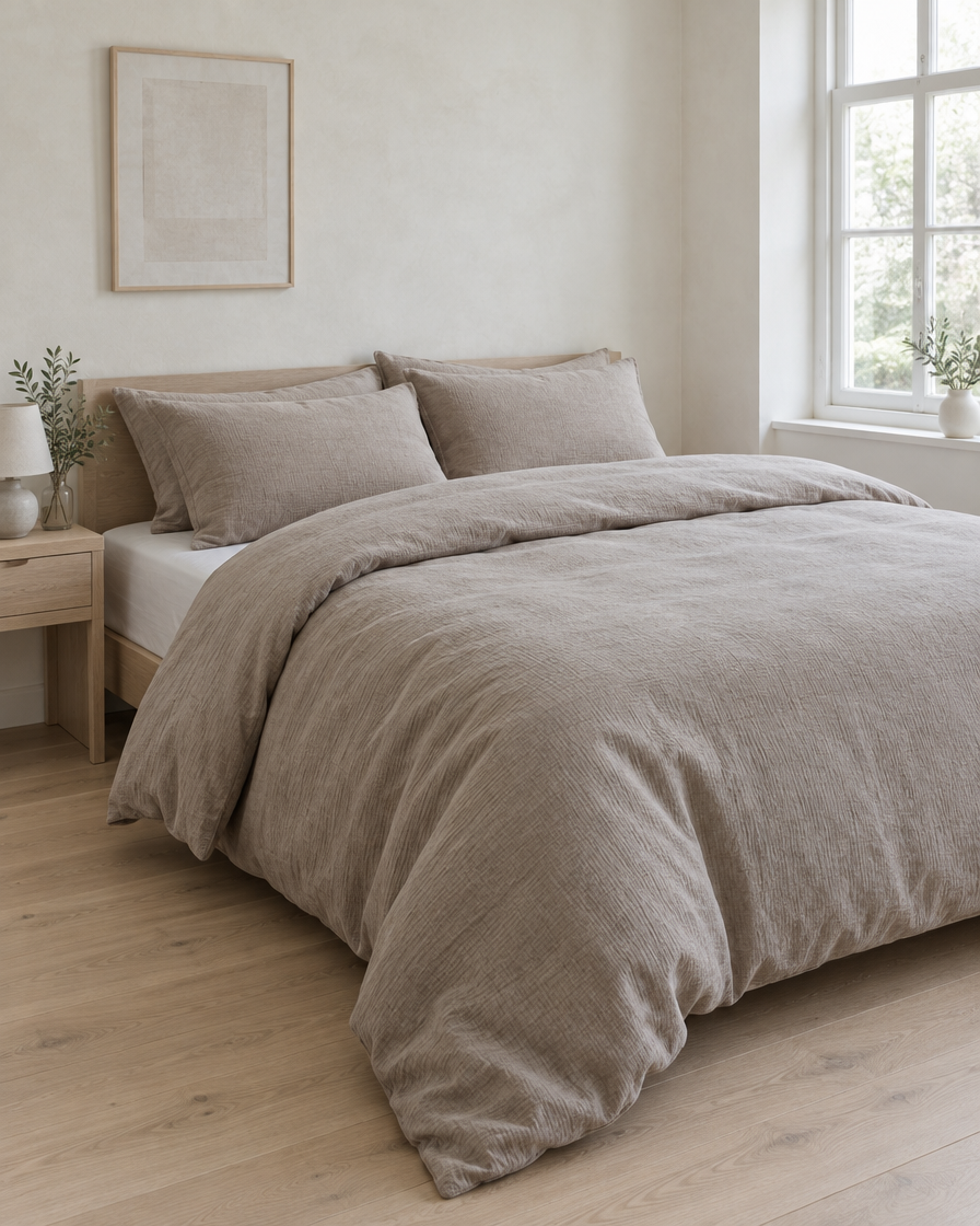 Greige cloud cotton duvet cover falling softly over the side of a double bed