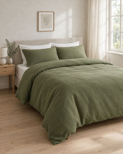 Juniper green cloud cotton duvet cover with white pillows on a bright Scandinavian bed