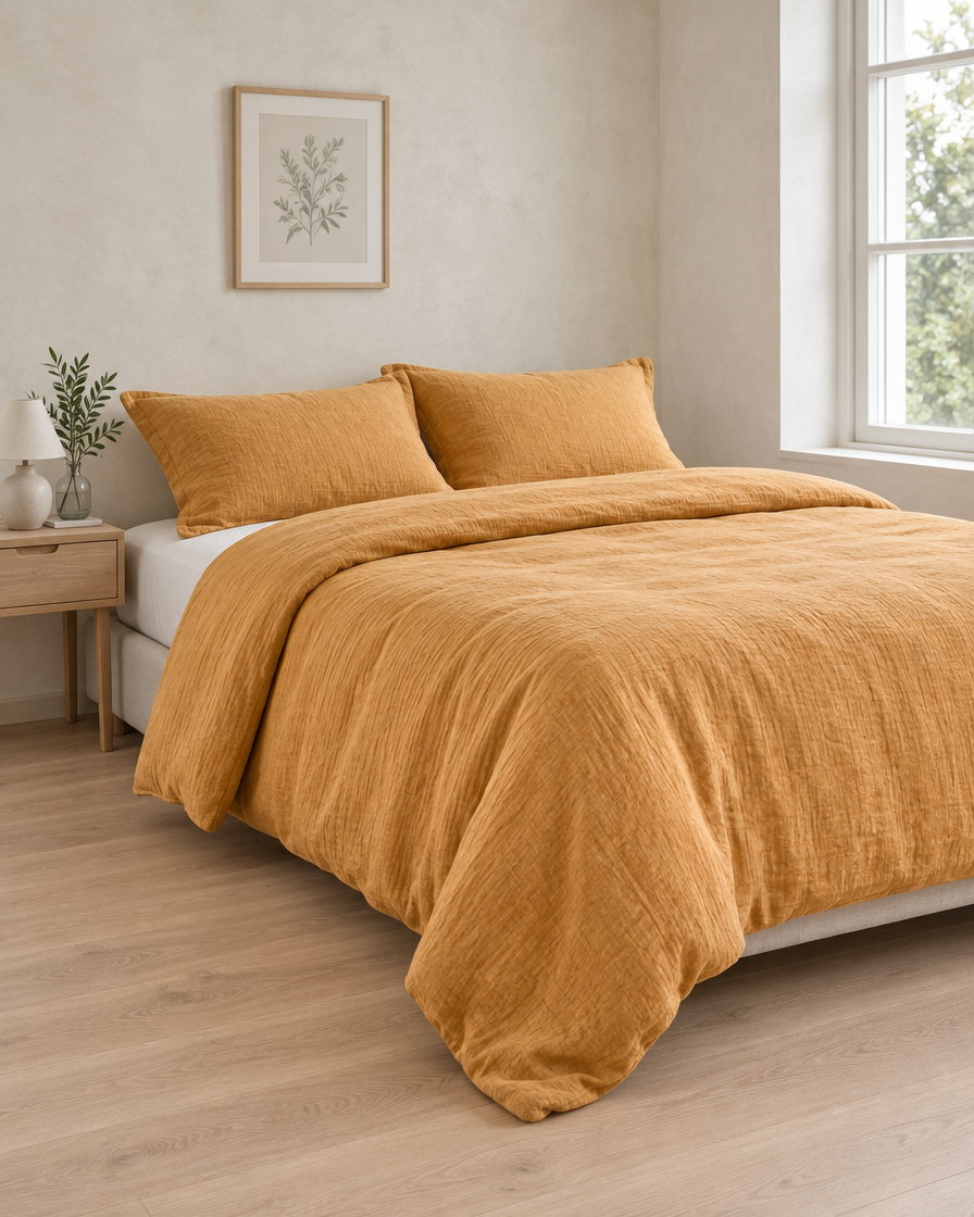 Mustard cloud cotton duvet cover and pillowcases brightening a neutral bedroom