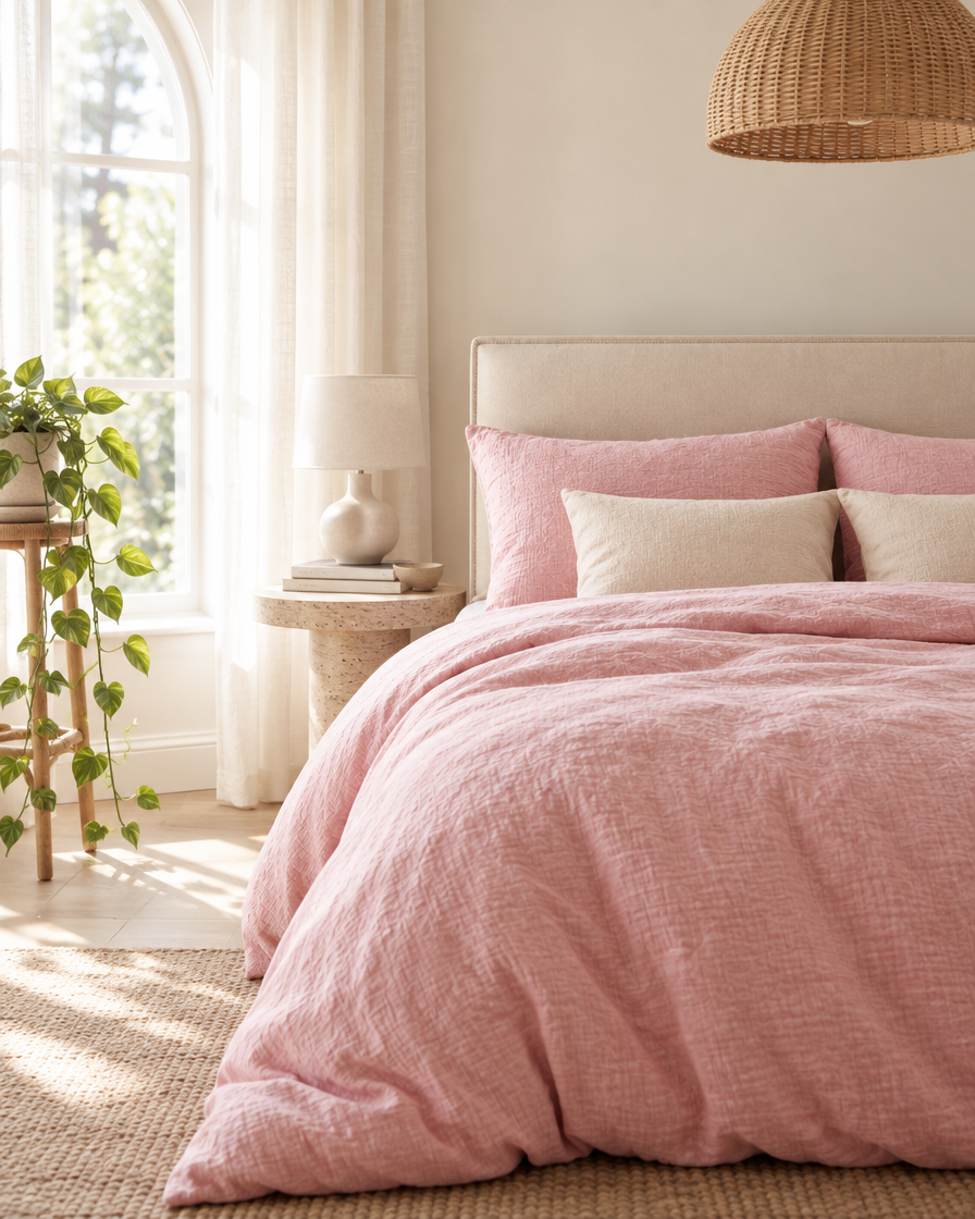 Pale Pink Cloud Cotton duvet cover on a plump bed beneath an arched window with a trailing pothos