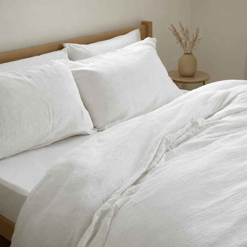 Off White cloud cotton duvet cover and pillowcases in clean soft white, close view of the crinkled weave