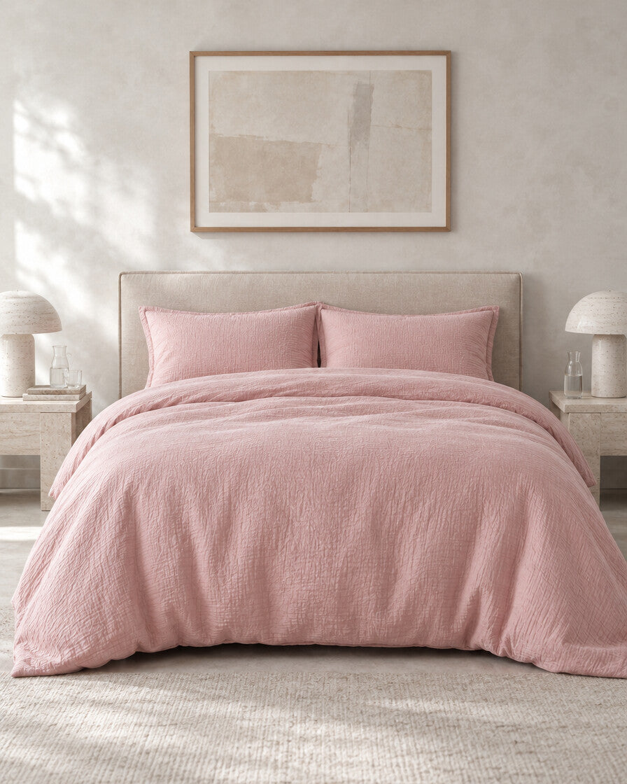Dusty pink cloud cotton duvet cover against a limewashed plaster wall between travertine bedside tables