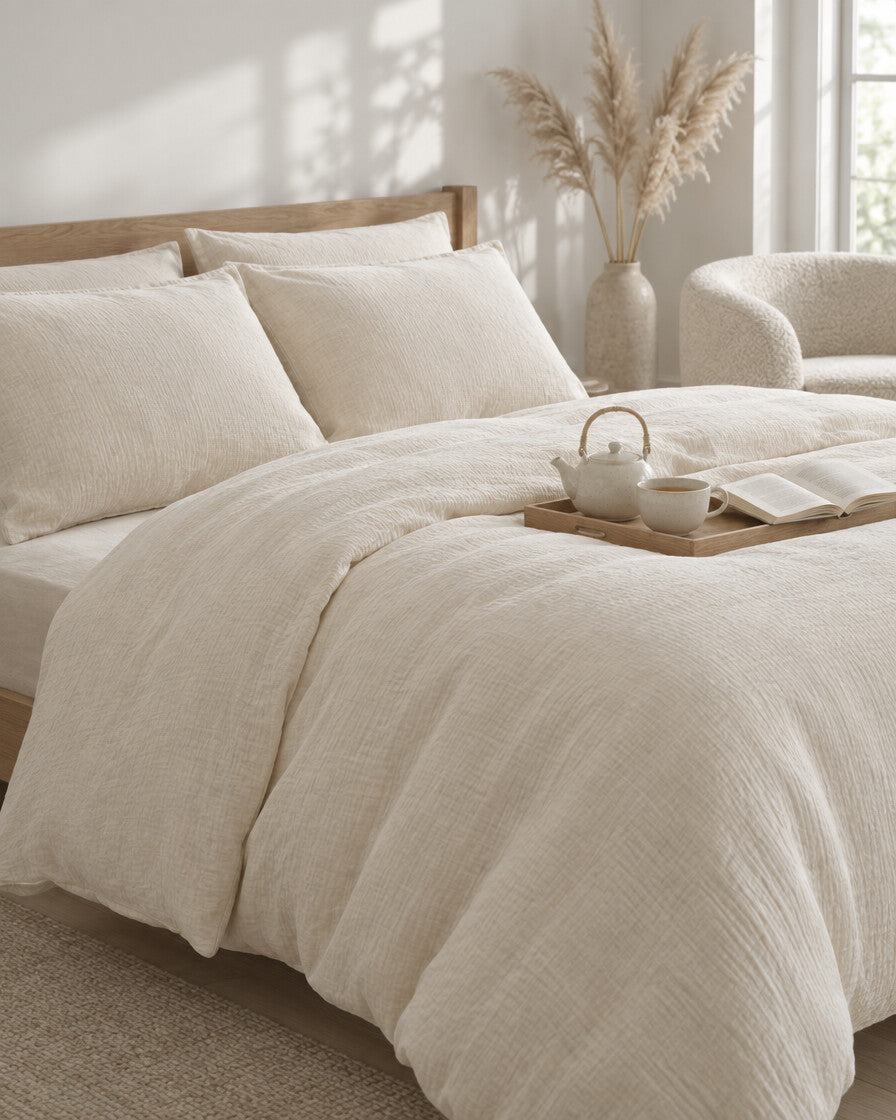 Off-white cloud cotton duvet cover with a tea tray and open book, a boucle armchair in the corner