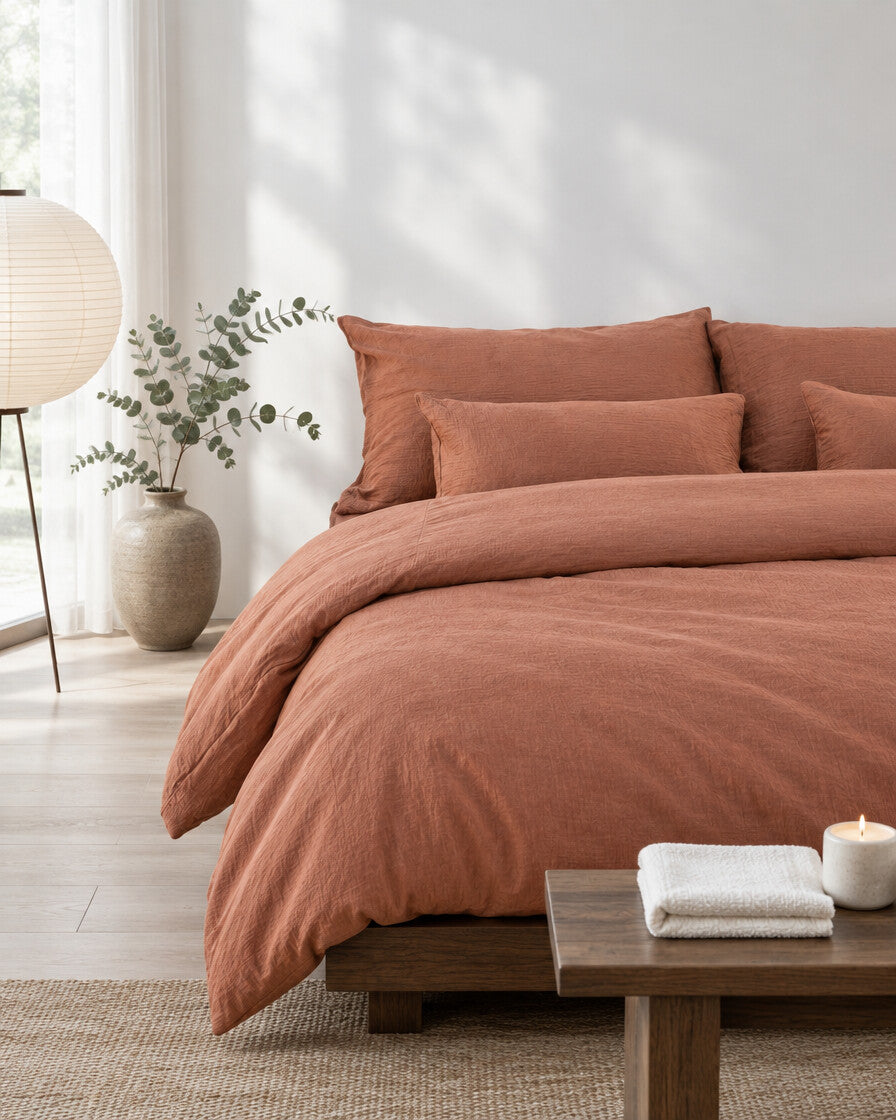 Terracotta cloud cotton duvet cover in a calm Japandi bedroom on a low dark-oak bed
