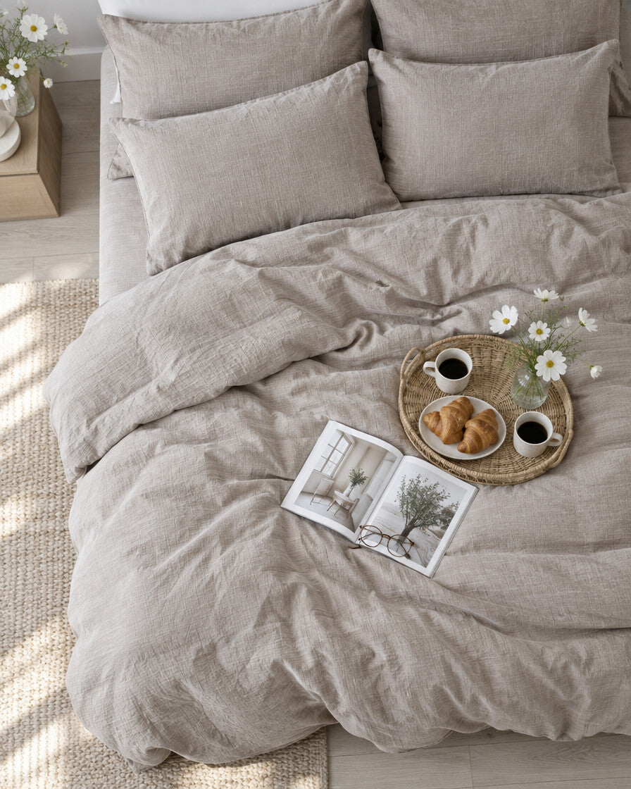 Greige cloud cotton duvet cover seen from above with a breakfast tray of coffee and croissants