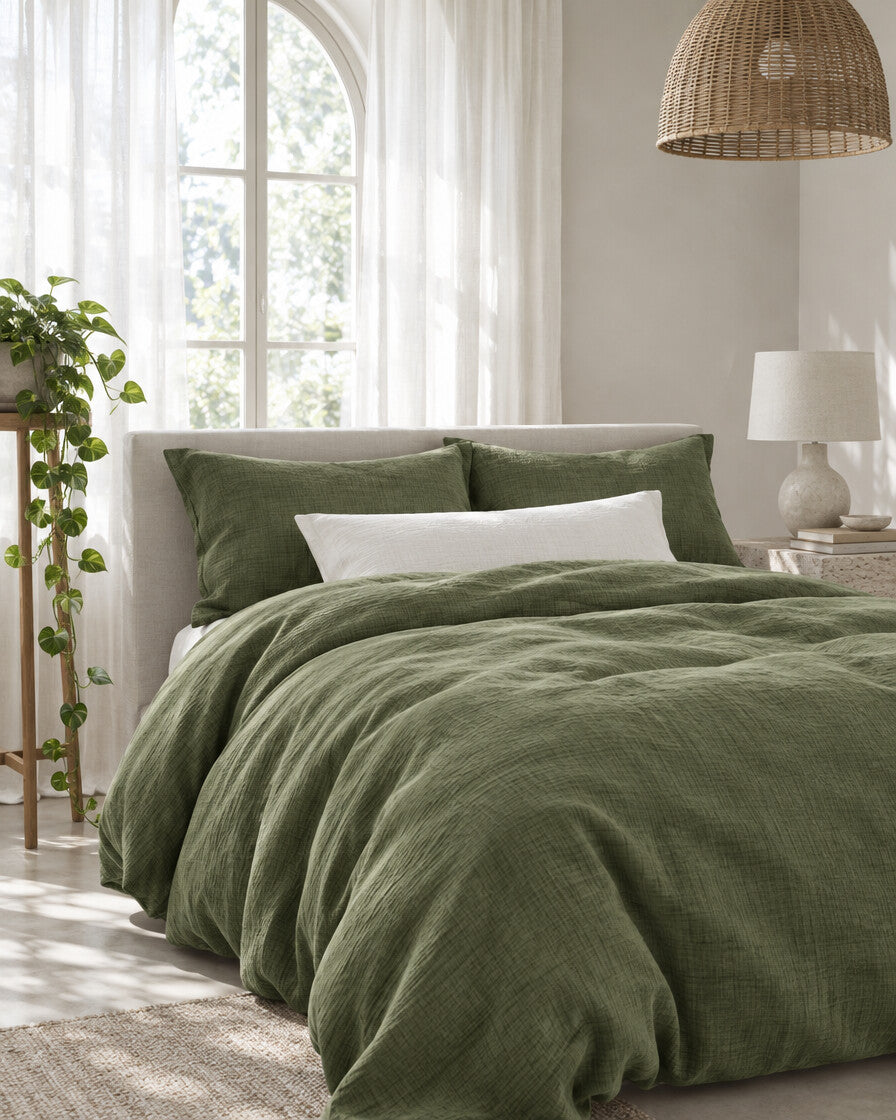 Juniper green cloud cotton duvet cover beneath an arched window with a trailing pothos and rattan pendant
