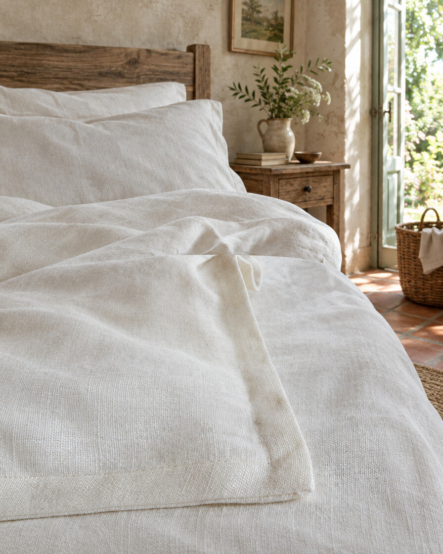 White French linen duvet cover, close view of the flax weave, styled in a relaxed European country-house bedroom