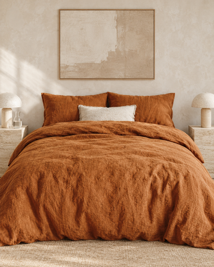 Terracotta French linen duvet cover on a bed against a limewashed wall with abstract art and travertine tables