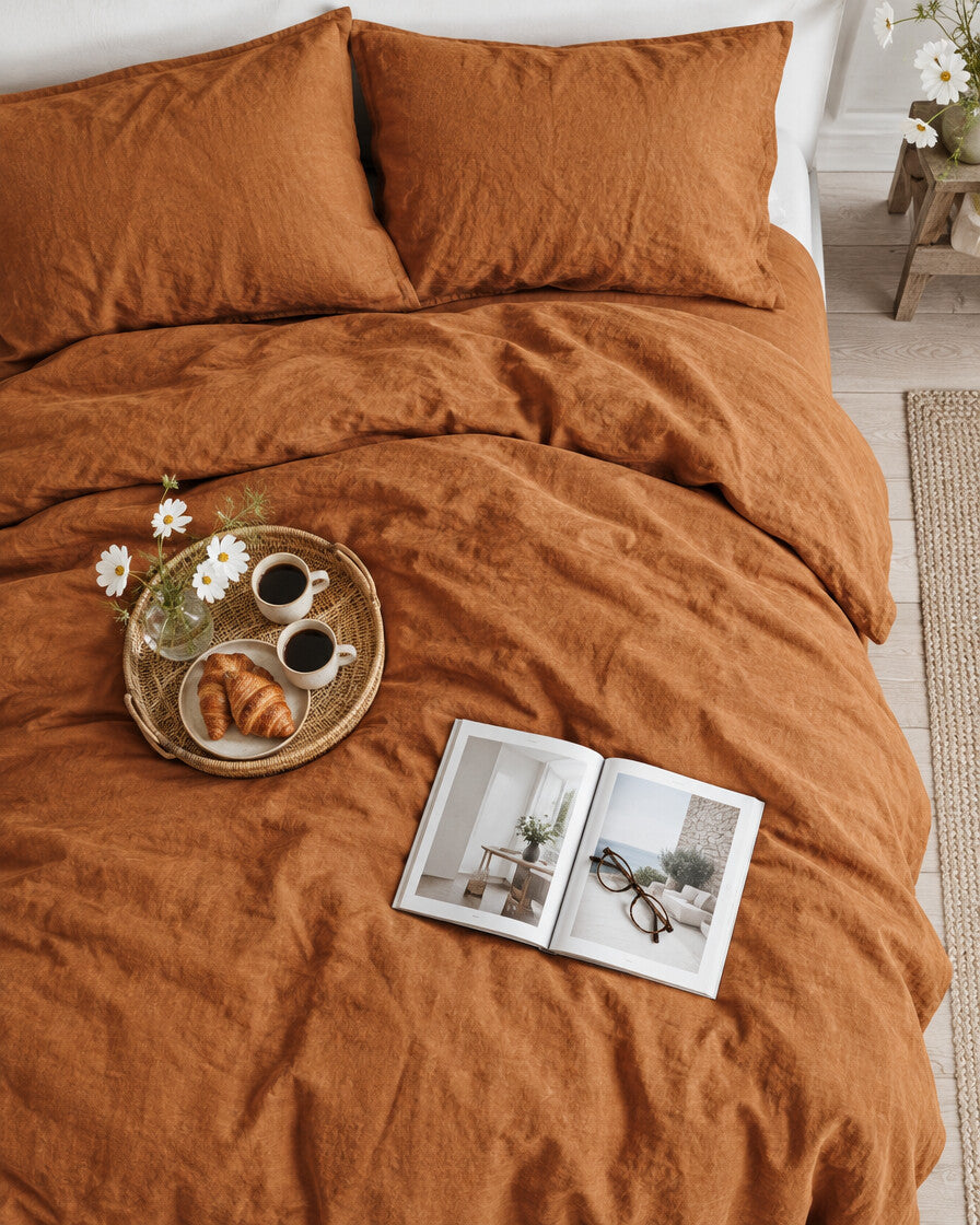 Terracotta French linen duvet cover seen from above with a breakfast tray of coffee and croissants