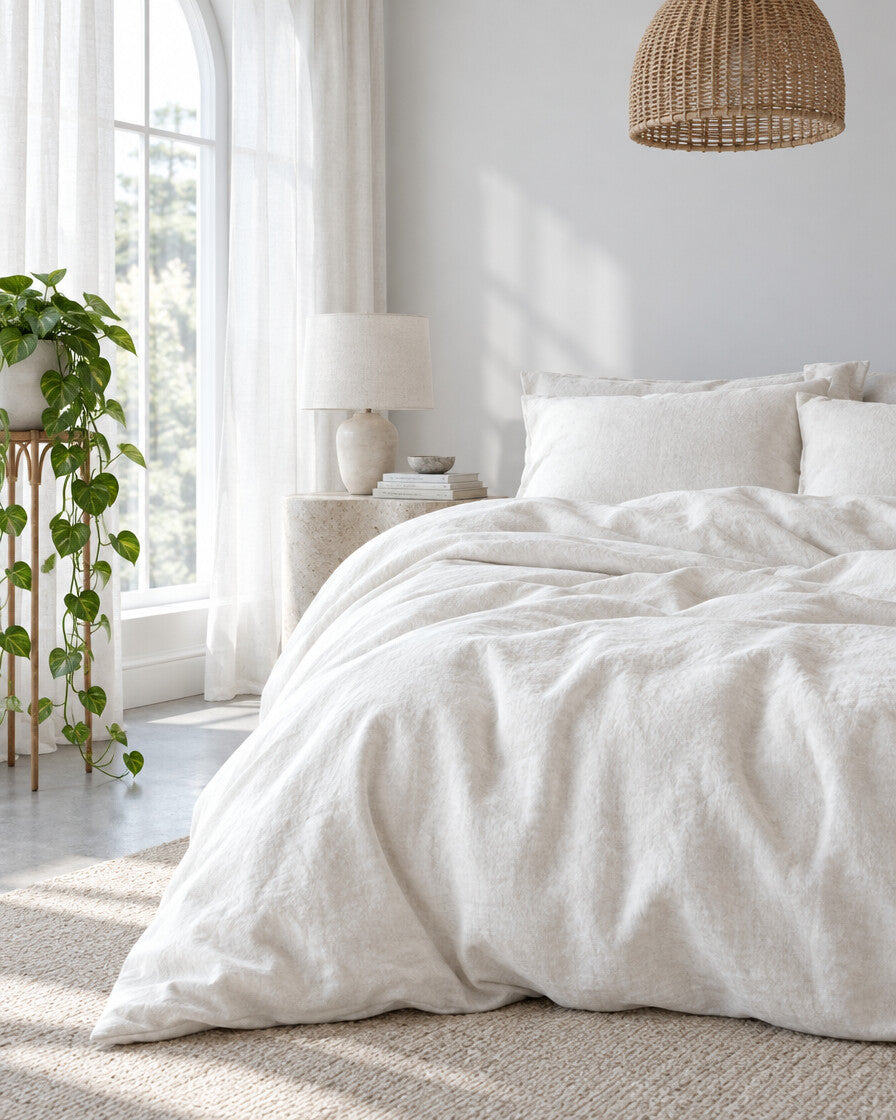 White French linen duvet cover beneath an arched window with a trailing pothos and rattan pendant
