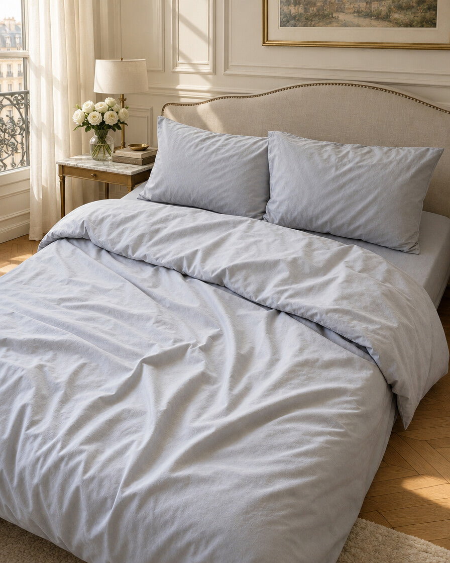 Pale blue-grey silky cotton duvet cover, styled in an elegant Parisian apartment bedroom