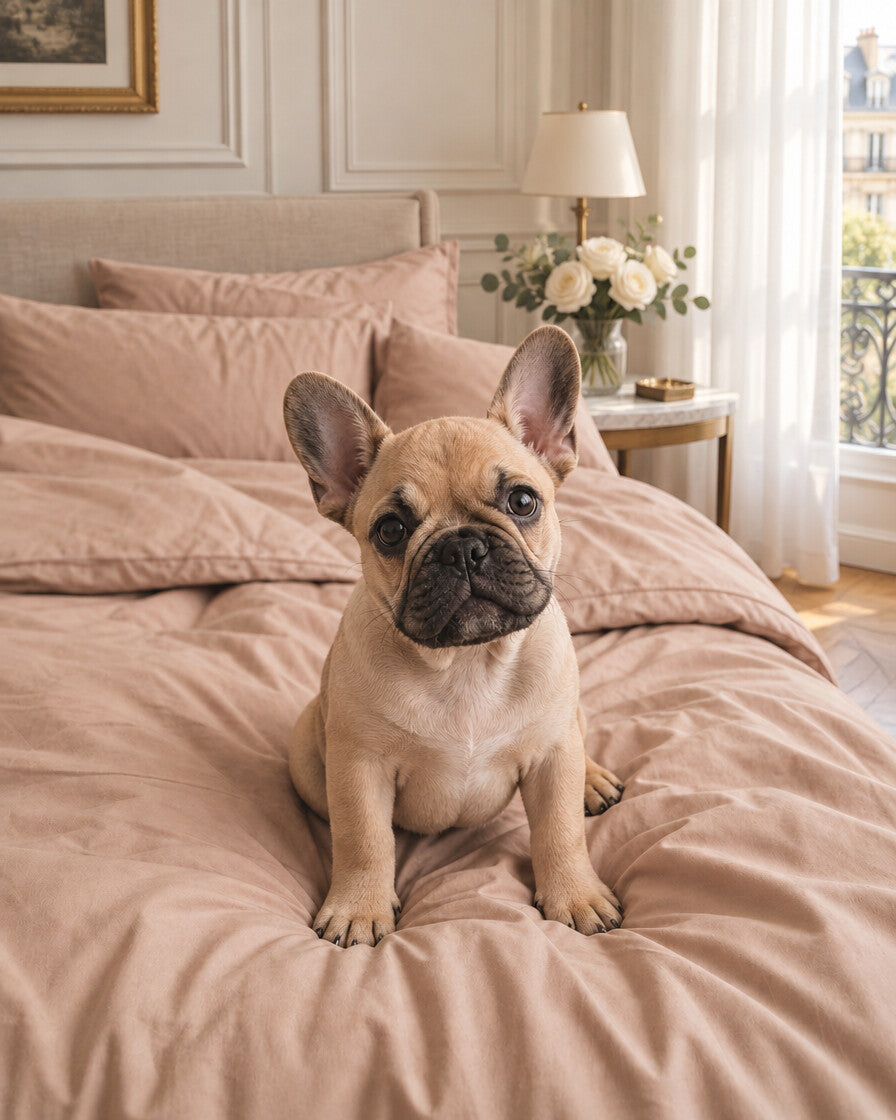 French bulldog sitting on blush pink silky cotton bedding, styled in an elegant Parisian apartment bedroom