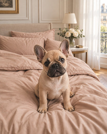 French bulldog sitting on blush pink silky cotton bedding, styled in an elegant Parisian apartment bedroom