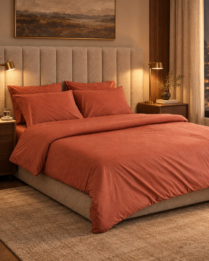 Terracotta silky cotton duvet cover, styled in a boutique-hotel suite