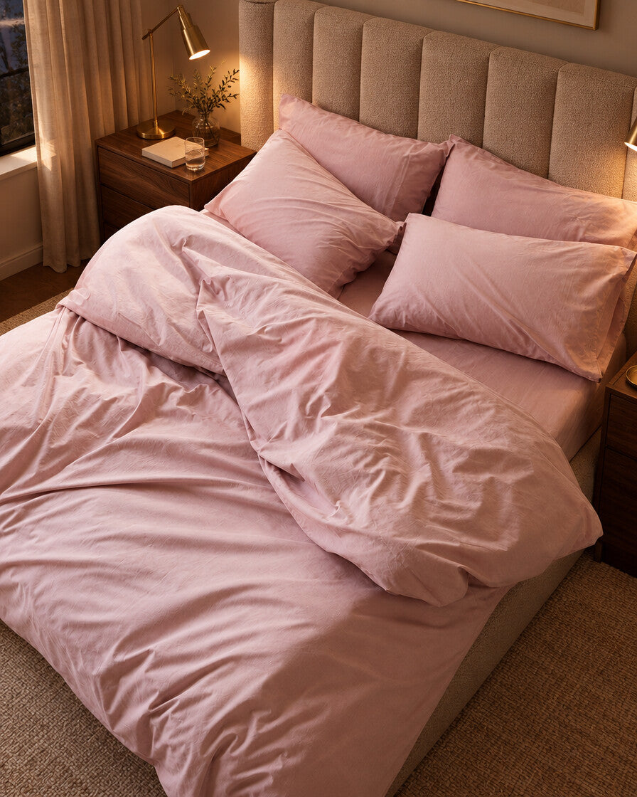 Blush pink silky cotton duvet cover and pillows, styled in a boutique-hotel suite