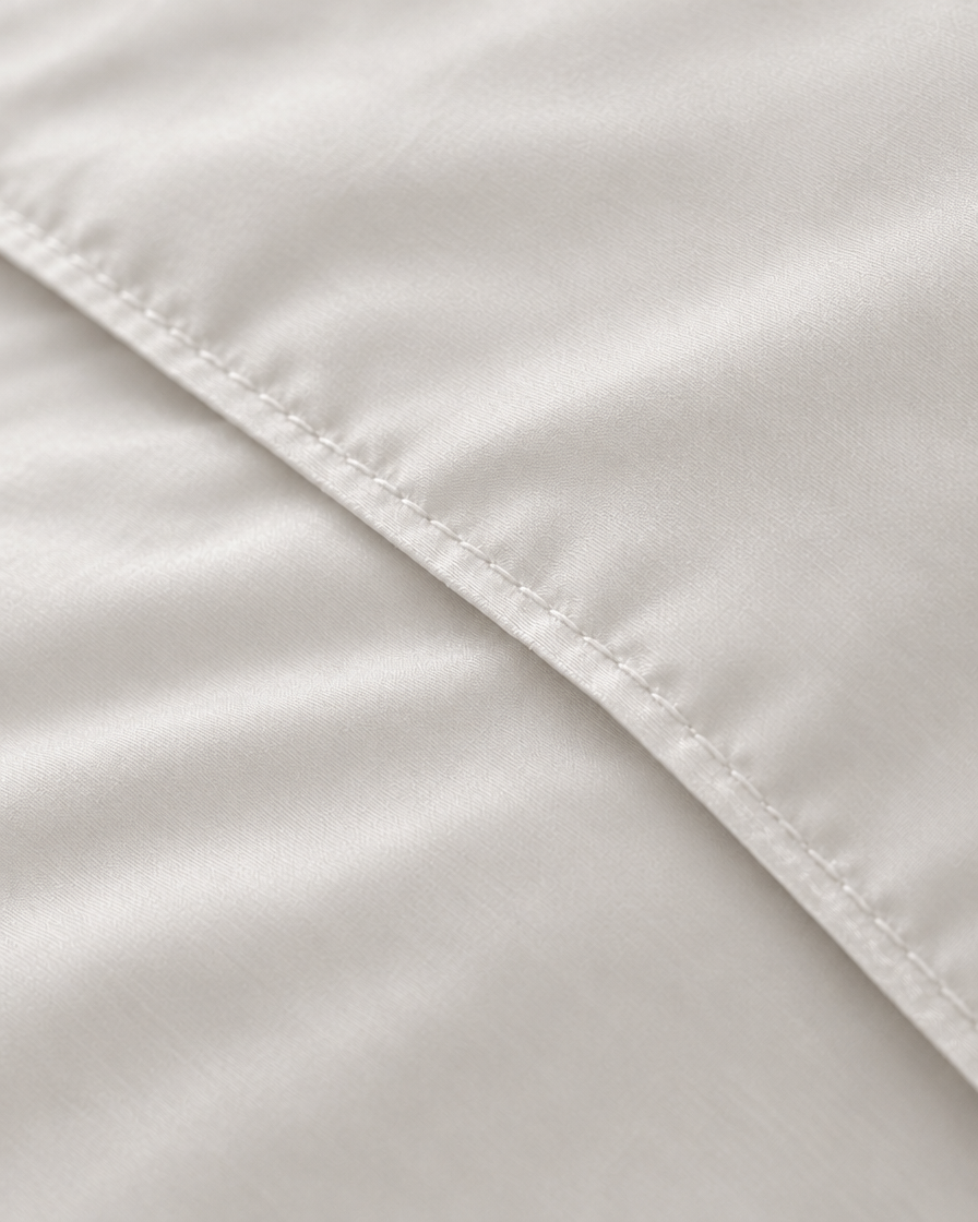 Macro of the stitched hem on a Milky White silky cotton duvet cover, showing the white sateen weave and sheen.