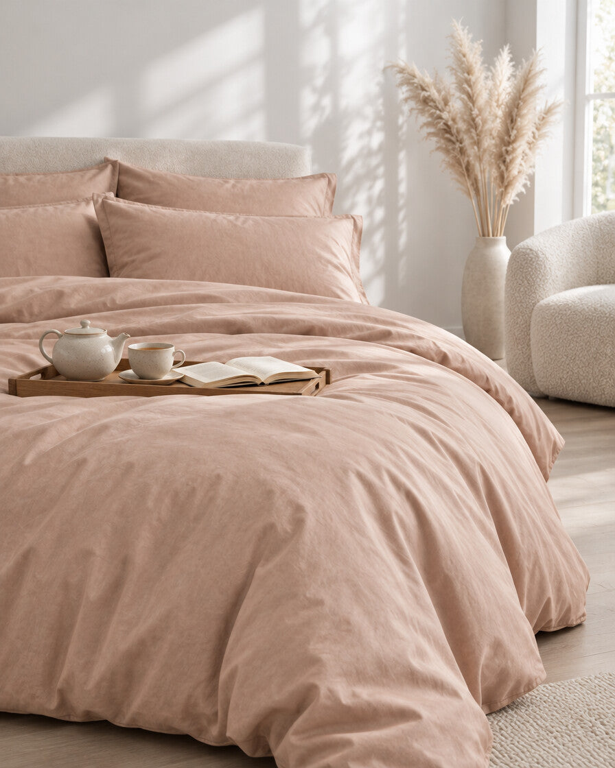 Blush pink silky cotton duvet cover with a tea tray and open book, a boucle armchair in the corner