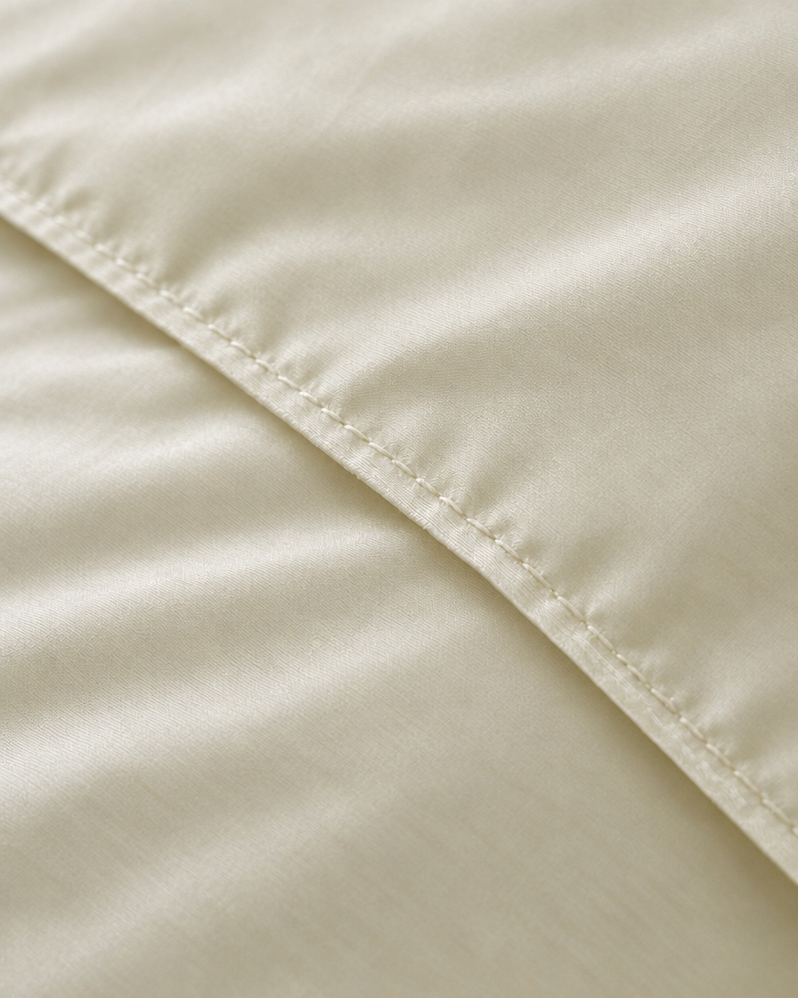 Macro of the stitched hem on a Vanilla silky cotton duvet cover, showing the cream sateen weave and sheen.
