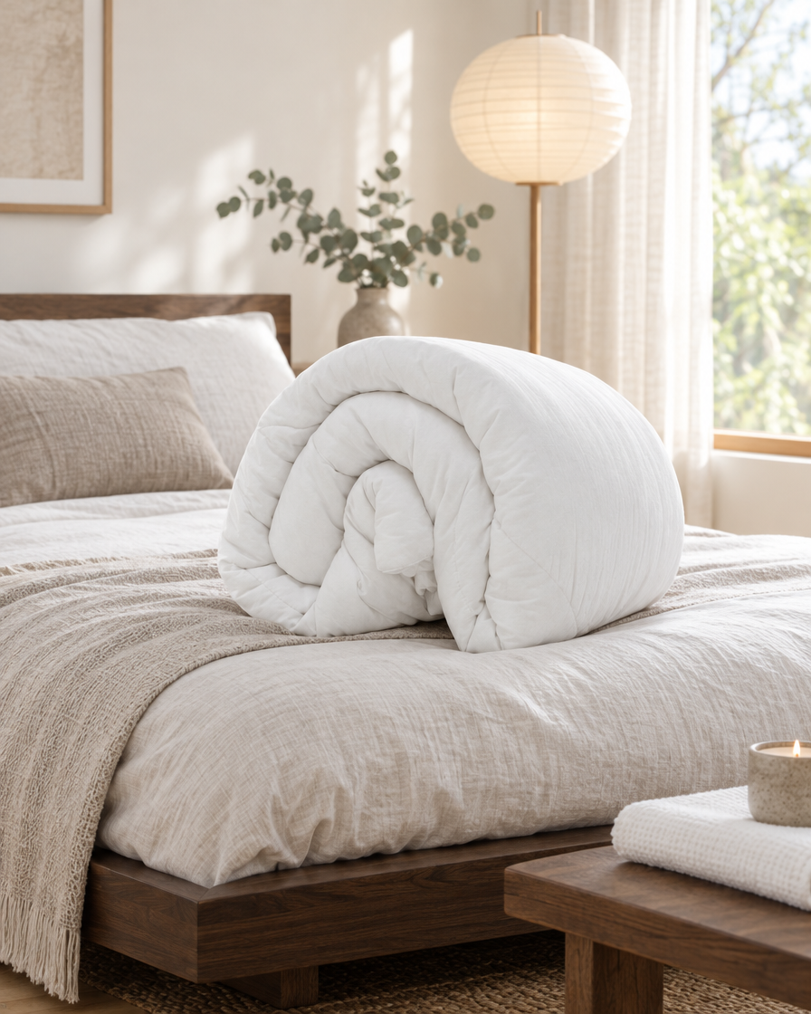 Rolled white All-Season Duvet Insert on a low oak Japandi bed beside a paper lantern lamp and eucalyptus branch