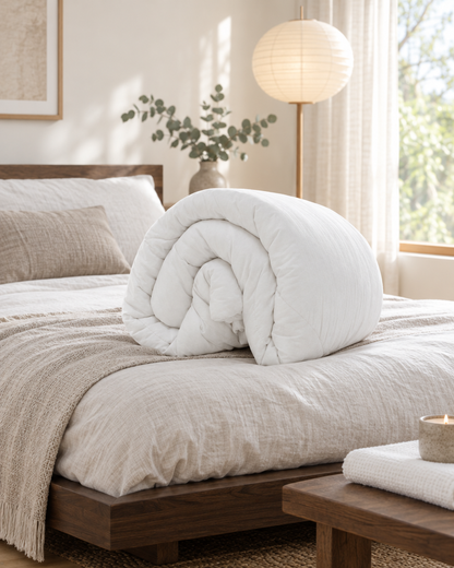 Rolled white All-Season Duvet Insert on a low oak Japandi bed beside a paper lantern lamp and eucalyptus branch