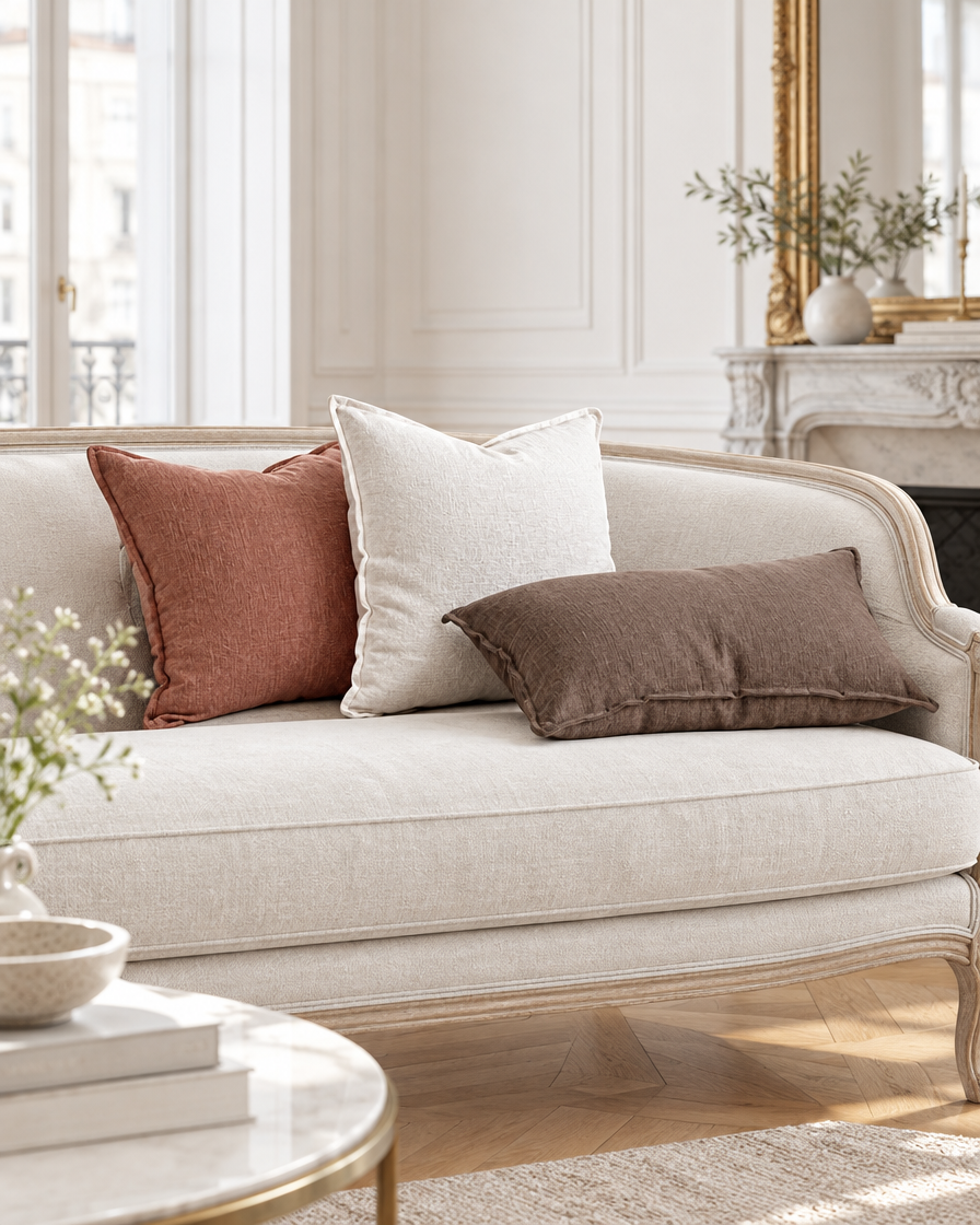 Enzyme-washed linen cushions in reddish orange, white and coffee on a pale settee in a Parisian salon