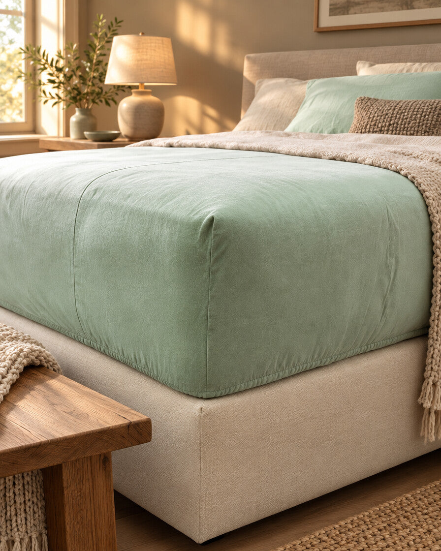 Sage green plain cotton fitted sheet, styled in a cosy contemporary bedroom