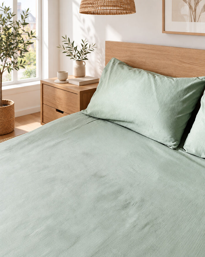 Sage green Plain Cotton fitted sheet and pillow on a made bed