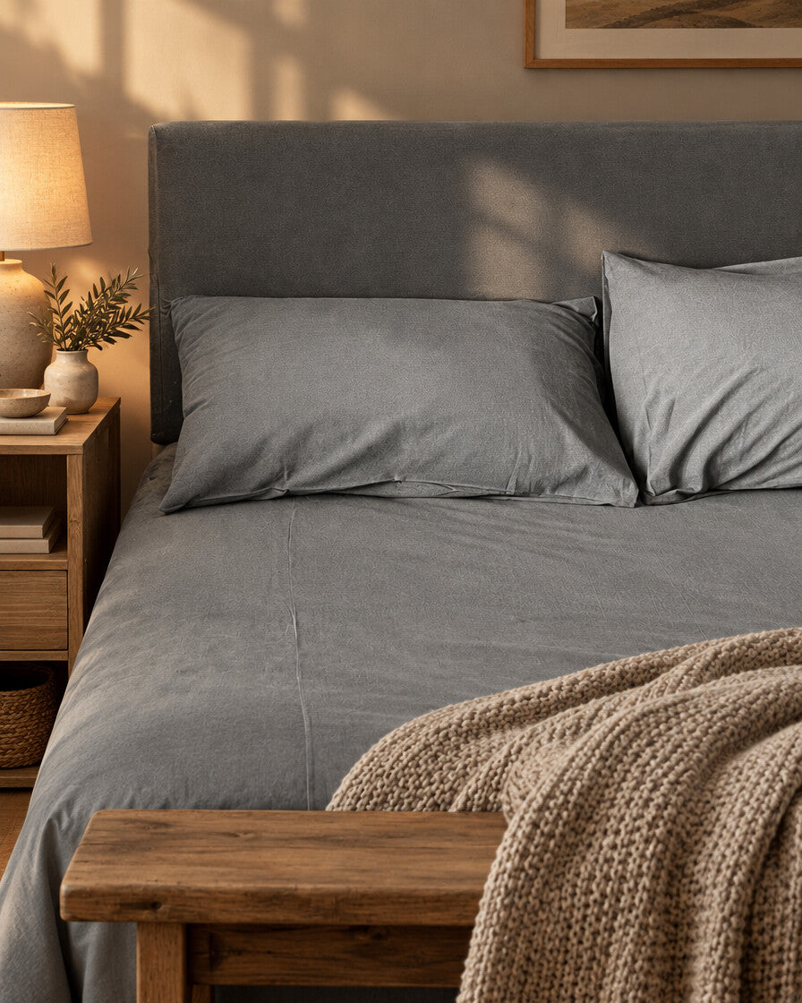 Grey plain cotton fitted sheet and pillows, styled in a cosy contemporary bedroom