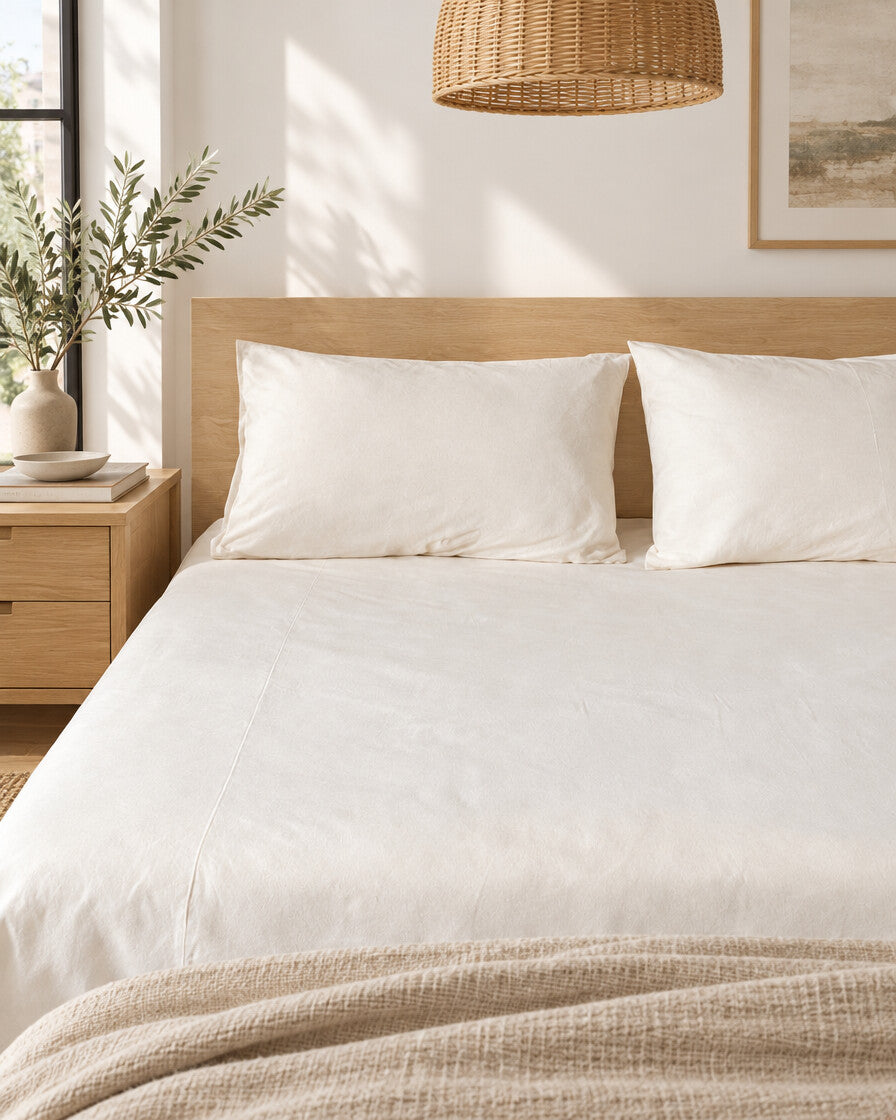 White plain cotton fitted sheet and pillows, styled in a bright modern townhouse bedroom