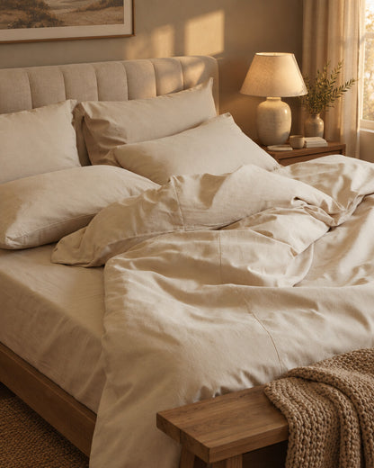 Cream plain cotton fitted sheet, styled in a cosy contemporary bedroom