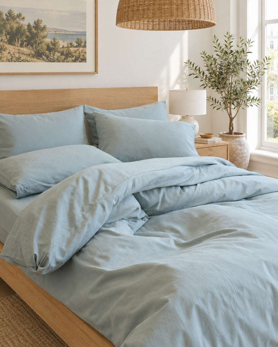 Pale blue plain cotton fitted sheet, duvet and pillows on an oak bed in a bright townhouse bedroom