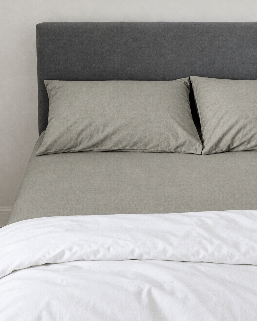 Mint Grey plain cotton fitted sheet and pillowcases under a white duvet, soft stone-sage tone